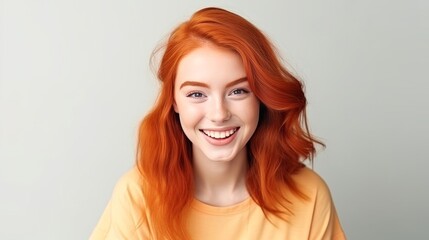 Happy cheerful young woman wearing her red hair in bun rejoicing at positive news or birthday gift, looking at camera with joyful and charming smile. Ginger student girl relaxing indoors after college