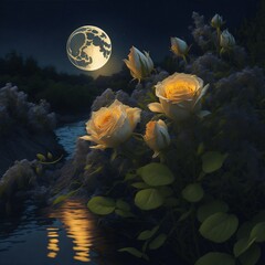 Photo of a colorful floral arrangement with a glowing full moon in the background