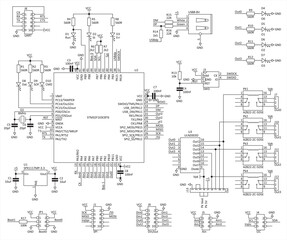 Schematic diagram of electronic device.
Vector drawing electrical circuit with switching relay, micro controller, 
usb spi i2c interface, led, logic gates, integrated circuit
and electronic components