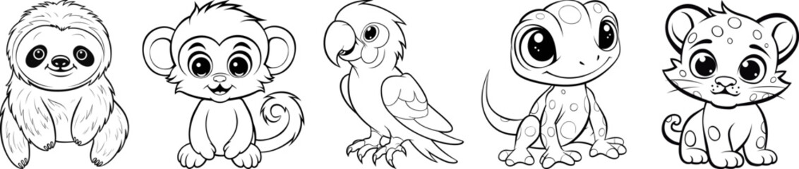 Tropical rainforest jungle animals. Sloth, monkey, macaw, gecko and jaguar cat animal friends. Black isolated outline vector for cartoon children coloring book page.