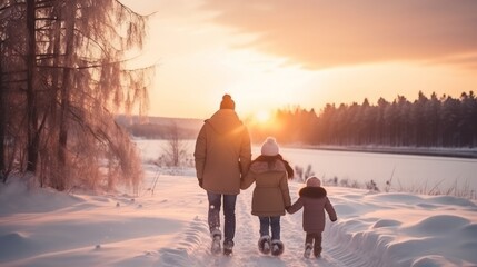 Happy family at sunset. Father, mother and two children daughters are having fun and playing on snowy winter walk in nature. The child sits on the shoulders of his father. Frost winter season
