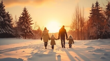 Happy family at sunset. Father, mother and two children daughters are having fun and playing on snowy winter walk in nature. The child sits on the shoulders of his father. Frost winter season - obrazy, fototapety, plakaty