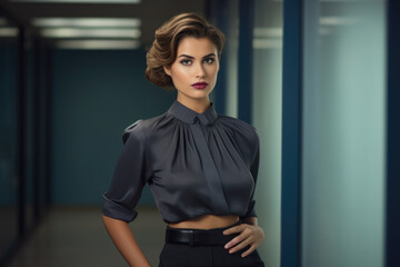 Professional Woman in Office Exuding Confidence in Pleated Blouse and Knee-Length Skirt