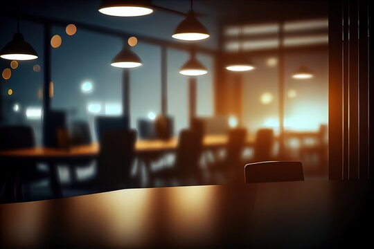 Workspace interior blurred in the evening in twilight. Using for Mock up template for craft display of your design, banner for advertise of product. Generative AI