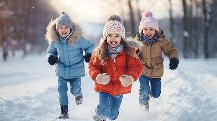 Happy friends having fun playing in winter
