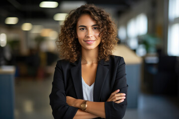 Fototapeta premium A Determined and Goal-Oriented Dark-Skinned Female Entrepreneur, Leading with Elegance and Innovation in a Modern Office Workspace