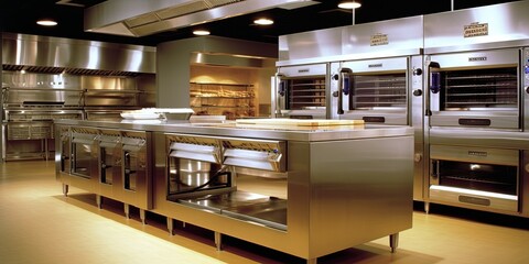 Commercial, professional bakery kitchen and stainless steel convection, deck oven, freezer, refrigerator, table - obrazy, fototapety, plakaty
