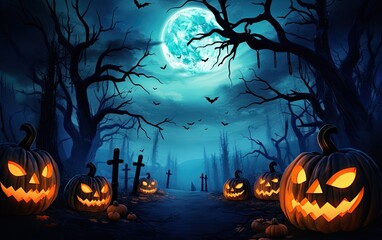Fototapeta premium Spooky Halloween background with pumpkin, trees and bats