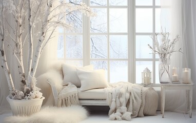 Fototapeta na wymiar White winter interior decoration with couch, candles, pillows