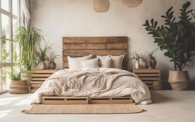Eco-friendly design bedroom with natural material furniture and plants