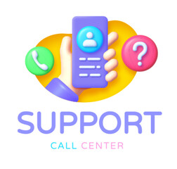 Support Call center 3D vector illustrations design template. Contact Us Customer Service For Personal Assistant Service. Person Advisor and Social Media Network