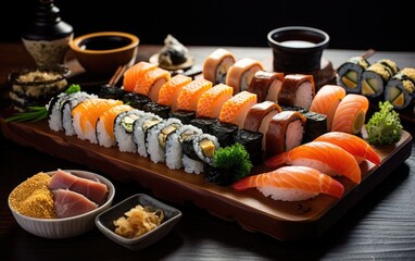 Assortment of various sushi rolls on a wooden plate next to sauces