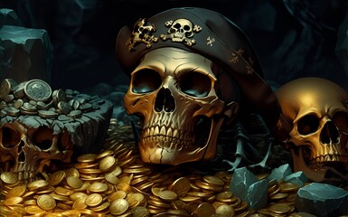 Photo of a stack of gold coins with two skulls wearing pirate hats