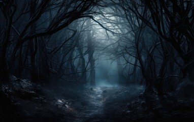 Scary dark forest with trees and water. Halloween background.