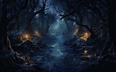 Scary dark forest with trees and water. Halloween background.