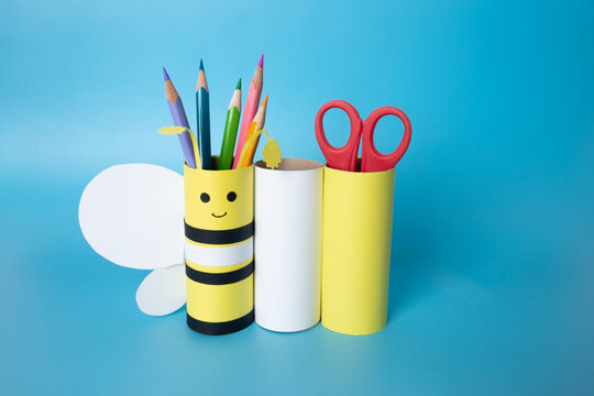 DIY toilet paper roll craft, homemade bee toy for kids, pencil holder from recycled materials