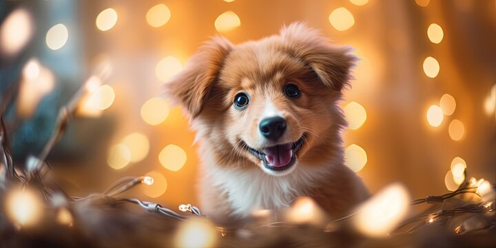 Cute happy christmas new year pet dog looking in golden garland decoration. Holiday background.