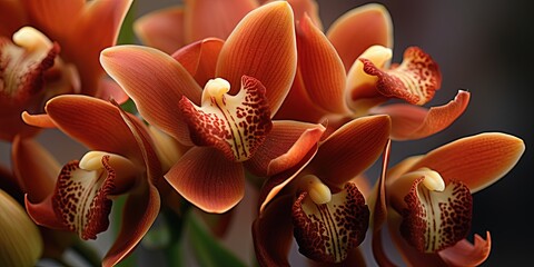 Cymbidium Burgundian Chateau orchid - orange brown orchid flowers, closeup - obrazy, fototapety, plakaty