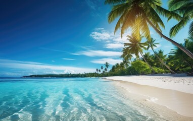 Tropical beach with palm trees, blue water and sand