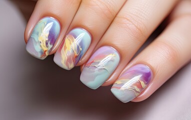 Pastel color abstract nail art manicure on female fingers	