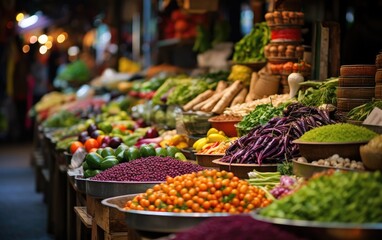 Fresh vegetables and fruits at farmers' market stand