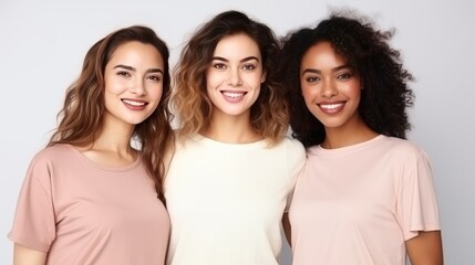 Portrait of three young multiracial women standing together and smiling at camera isolated over white background