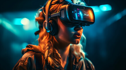 Illustration of a woman with VR headset exploring the metaverse. Artwork