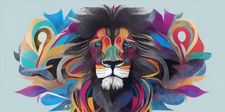 Photo of a vibrant and majestic lion adorned with colorful feathers