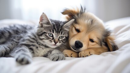Puppy and kitten hugging on the bed as a best friends