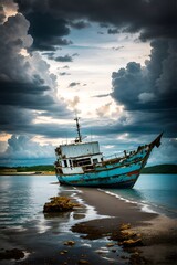 Obraz premium Photo of a boat resting on a sandy beach under a dramatic cloudy sky