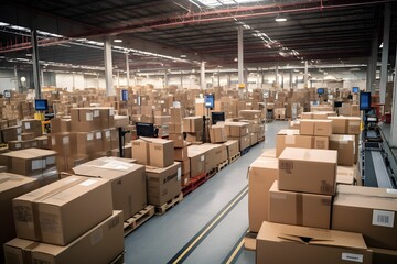 Die ordentlich angeordneten Reihen von Paketen und Versandetiketten in einem Logistikzentrum.