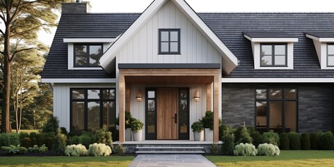 Exterior architecture image of modern farmhouse front door porch - obrazy, fototapety, plakaty
