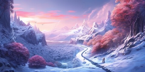 Fantasy landscape illustration with a snow road