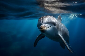 Ein neugieriger Delfin taucht mit seinem Kopf über das Wasser.