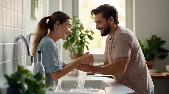 Side view of happy woman embracing man washing hands in kitchen at home