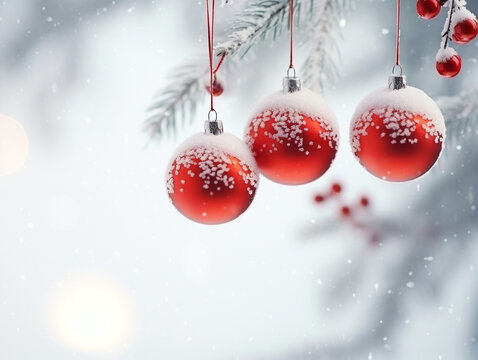 Red balls with evergreen tree winter snowy background
