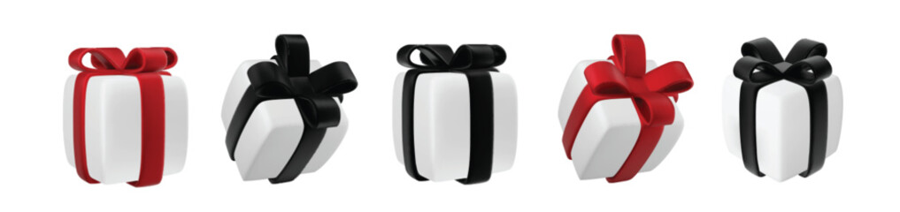 Set of realistic 3d gifts box. Holiday decoration presents. Festive gift surprise. Decor Isolated boxes. Vector illustration