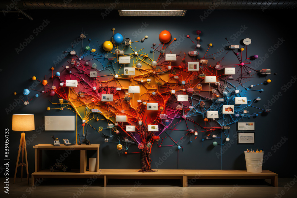 Aufkleber Web of Ideas. Mind map on a wall with interconnected concepts and keywords, showcasing the complexity of thought processes. Generative Ai.