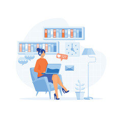 Home office concept. woman working from home with her laptop. flat vector modern illustration