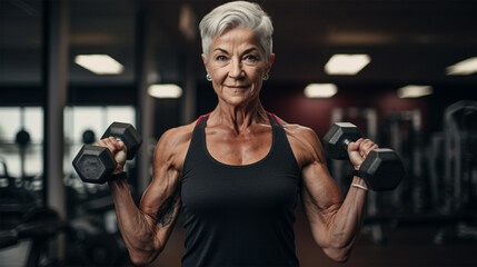 A Senior Elderly Woman at the Gym Lifting Weights