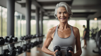 A Senior Elderly Woman at the Gym Lifting Weights