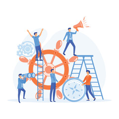 vision or forward strategy for success concept, direction on a successful path, teamwork on start up. flat vector modern illustration 