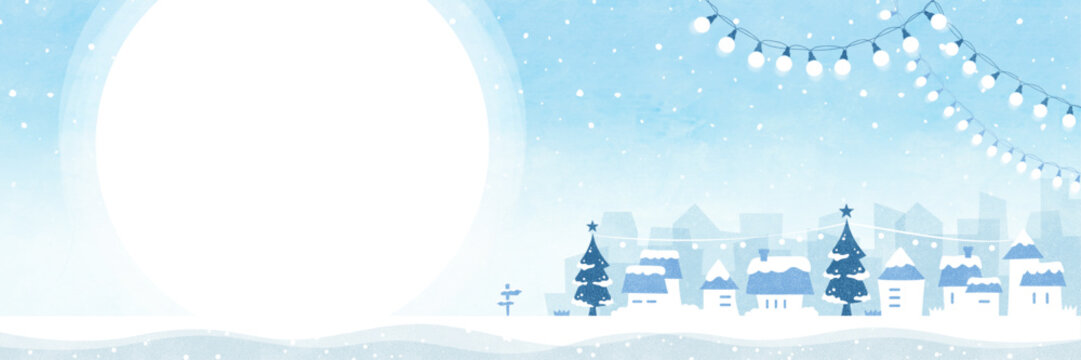 クリスマスの背景バナー イルミネーションと雪の街の水彩風景イラスト