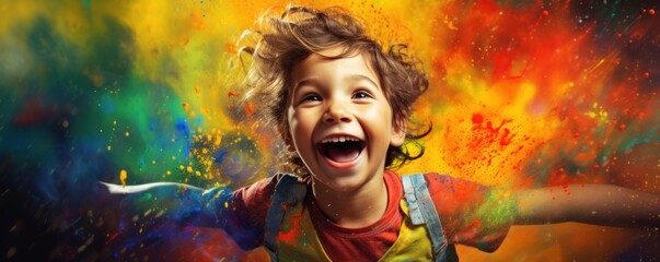 Exuberant Child Covered in Paint on a Rainbow - Colored Background with Space for Copy.