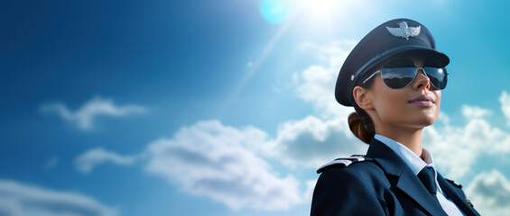 Female Pilot in Uniform and Aviators on an Airline Blue Background with Space for Copy.