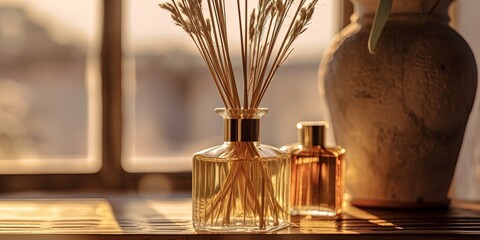 Fototapeta premium Glass bottle with reed diffusers in sunlight