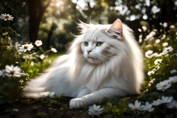 Naklejka na ściany i meble white cat with long hair in the garden