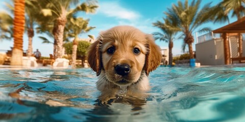 Golden retriever puppy swims in a pool with palm tree on background