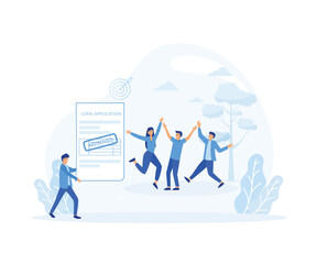 loan approval concept. man holds loan approval application paper  and the other  jumping behind with happy. flat vector modern illustration 