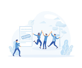 Fototapeta premium loan approval concept. man holds loan approval application paper and the other jumping behind with happy. flat vector modern illustration 